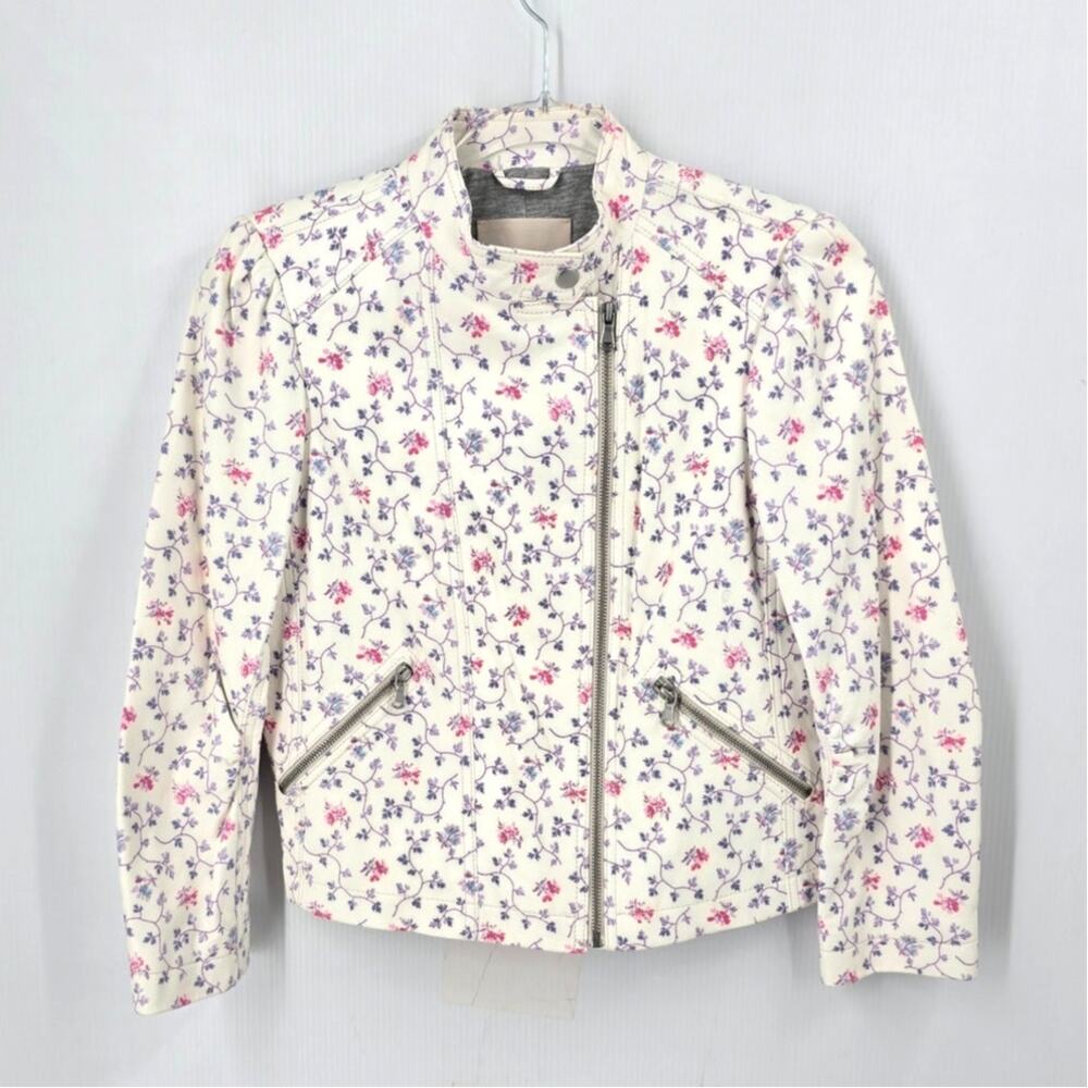Rebecca Taylor Vine Floral Lamb Leather Moto Jacket Ivory White Purple Size 6